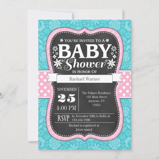 Invitation Baby shower floral de tableau rose de turquoise (Devant)