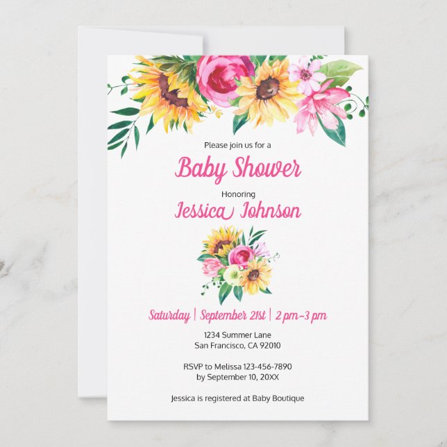 Invitation Baby shower floral de tournesol (Devant)