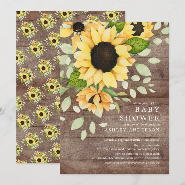 Invitation Baby shower floral de tournesol d'automne rustique (Devant / Derrière)