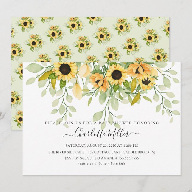 Invitation Baby shower floral de tournesol jaune d'automne (Devant / Derrière)