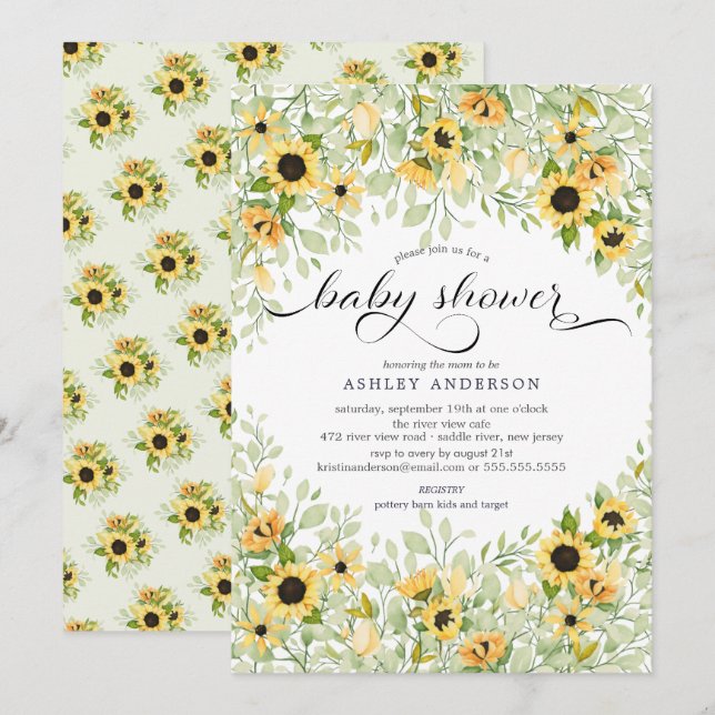Invitation Baby shower floral de tournesol jaune d'automne (Devant / Derrière)