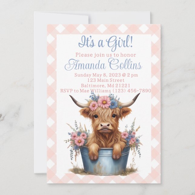 Invitation Baby shower floral de vache Highland (Devant)