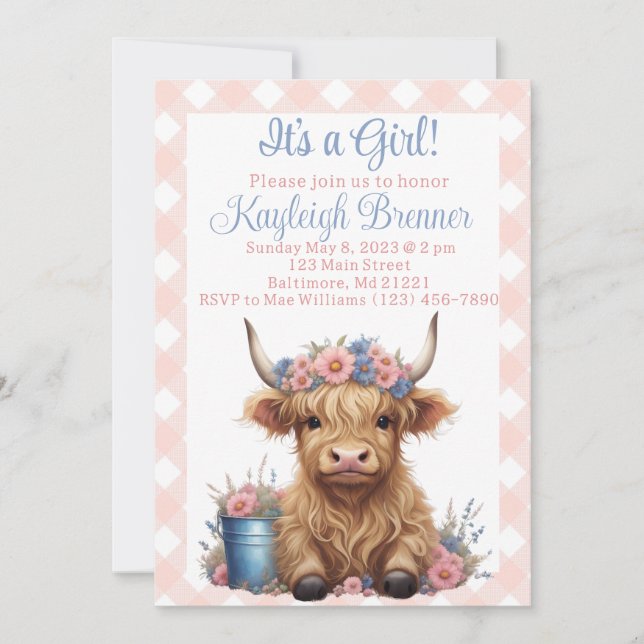 Invitation Baby shower floral de vache Highland (Devant)