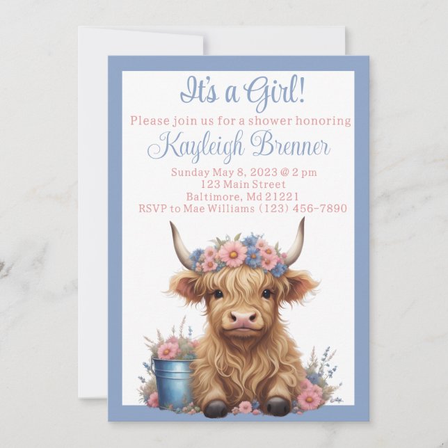 Invitation Baby shower floral de vache Highland (Devant)
