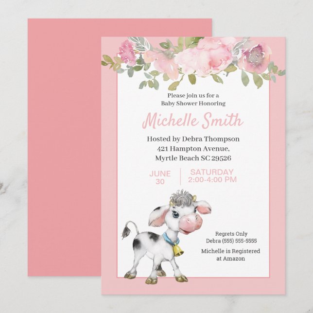 Invitation Baby shower floral de vache rose et blanc (Devant / Derrière)