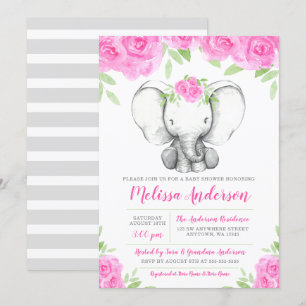 Invitation Baby shower floral d'éléphant d'aquarelle rose