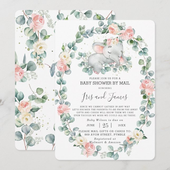 Invitation Baby shower floral d'éléphant dormant par Mail Gir (Devant / Derrière)