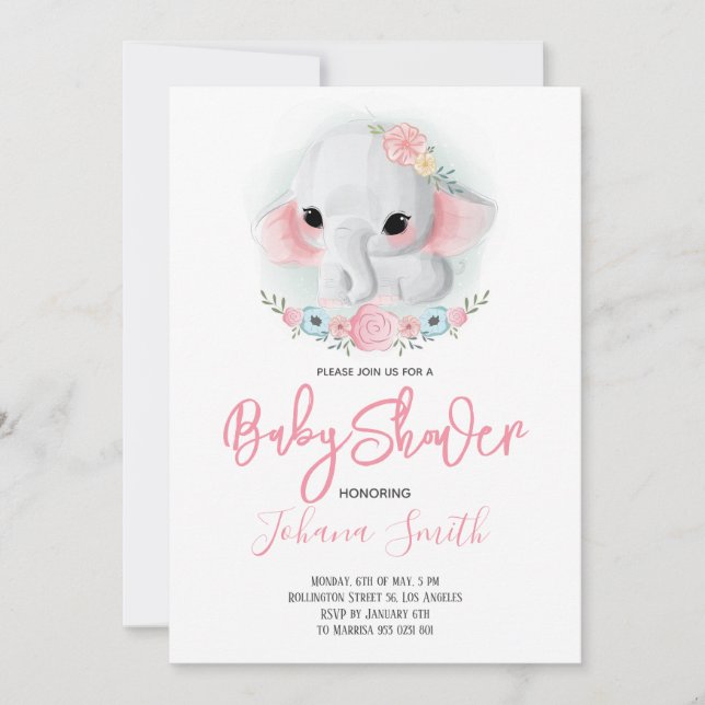 Invitation Baby shower floral d'éléphant fille (Devant)