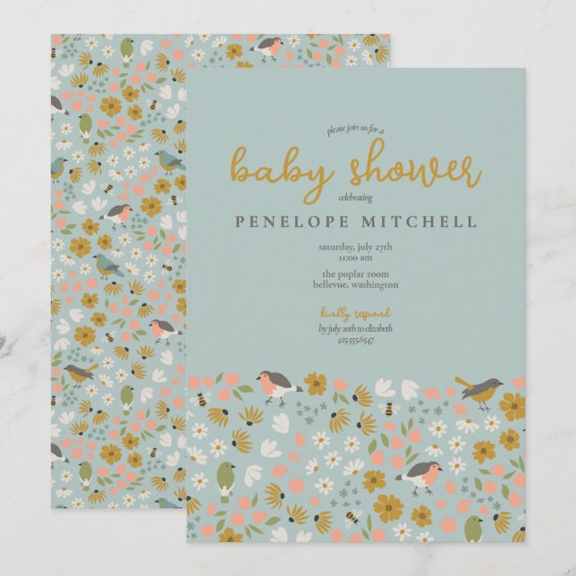 Invitation Baby shower floral des oiseaux et des abeilles (Devant / Derrière)