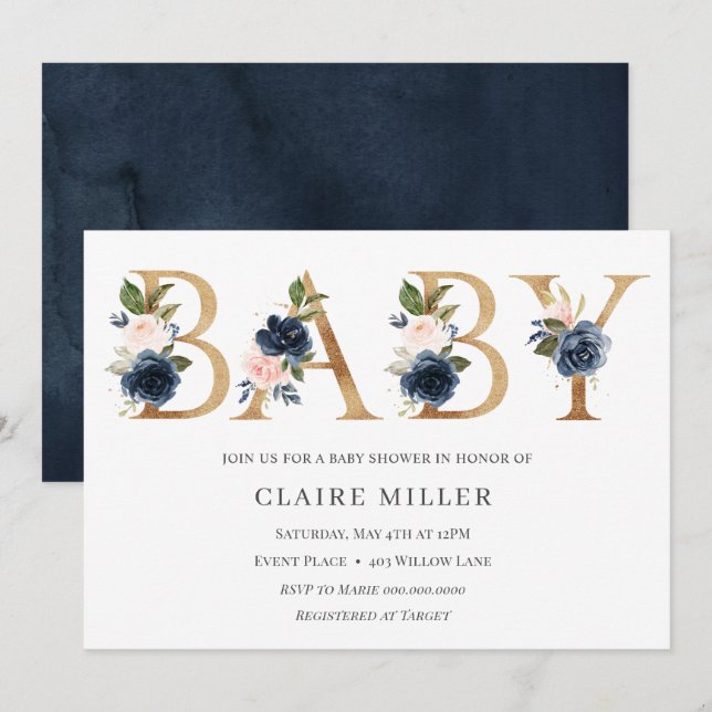 Invitation Baby shower Floral d'or (Devant / Derrière)