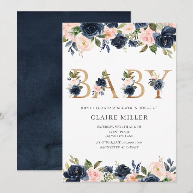Invitation Baby shower Floral d'or (Devant / Derrière)