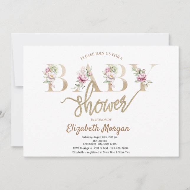 Invitation Baby shower floral élégant (Devant)