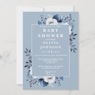 Invitation Baby Shower Floral Élégant Bleu Poussiéreux de Cam