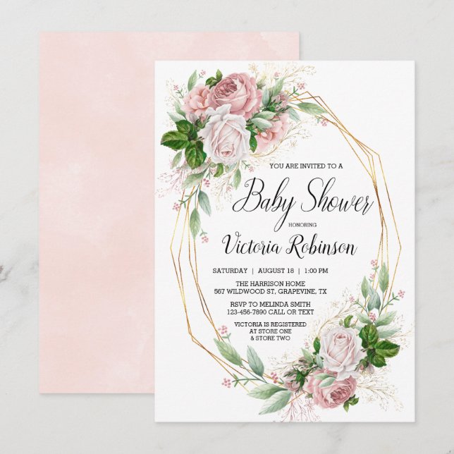 Invitation Baby shower floral élégant en or rose moderne (Devant / Derrière)