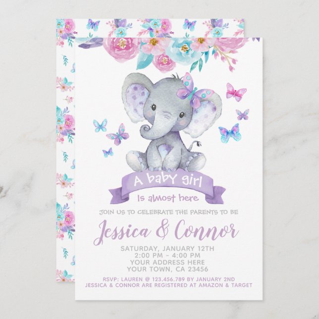Invitation Baby shower floral éléphant (Devant / Derrière)