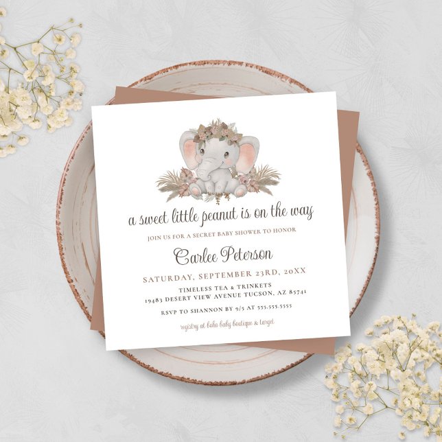 Invitation Baby shower Floral Eléphant Boho mignon (Unique Boho Baby Shower Invitation with Cute Elephant and Bohemian Floral with Pampas Grass)