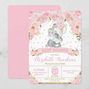 Invitation Baby shower floral éléphant Girl