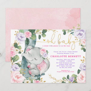 Invitation Baby shower Floral Eléphant Rose Violet Fille