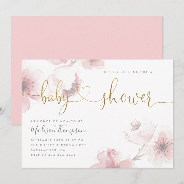 Invitation Baby shower Floral en fleurs de cerisier mou (Devant / Derrière)