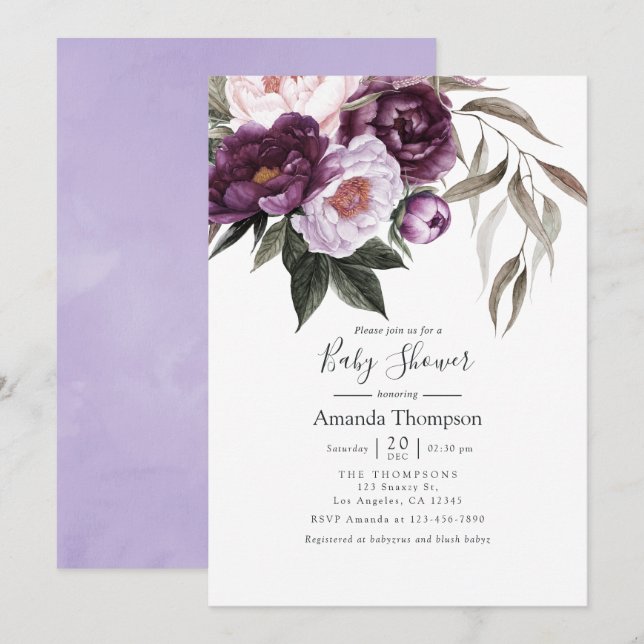 Invitation Baby shower floral en velours profond (Devant / Derrière)