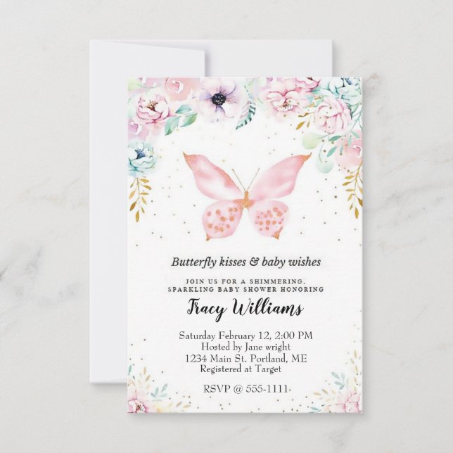 Invitation baby shower floral et papillon pastel (Devant)