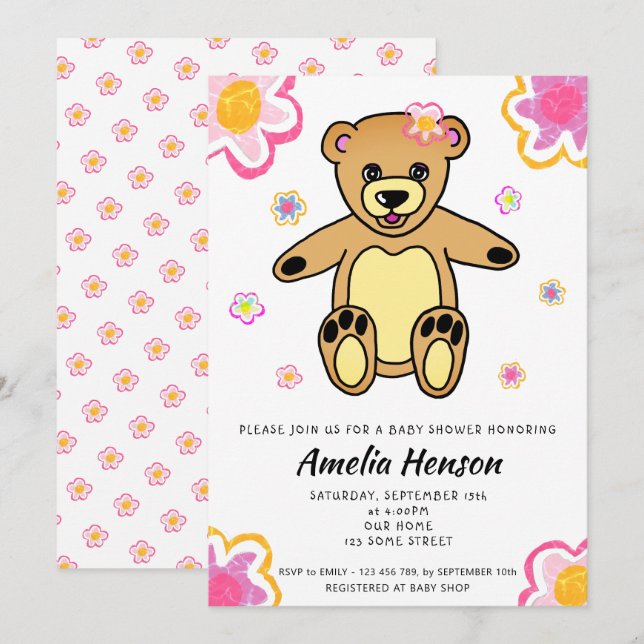 Invitation Baby shower Floral Fille Ours Teddy (Devant / Derrière)