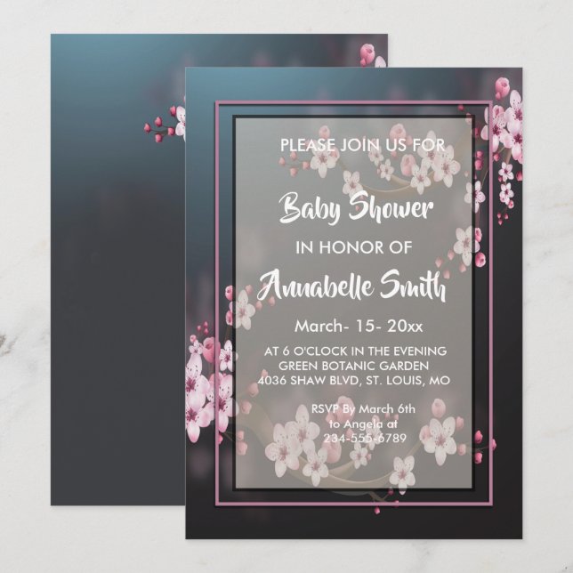 Invitation Baby shower floral géométrique en fleurs de cerisi (Devant / Derrière)