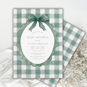 Invitation Baby Shower Floral Gingham Vert Vintage
