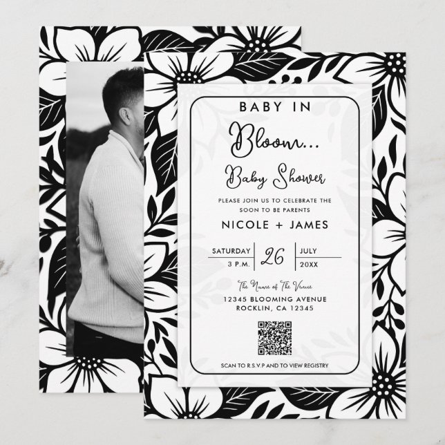 Invitation Baby shower Floral Gras Noir & Blanc (Devant / Derrière)