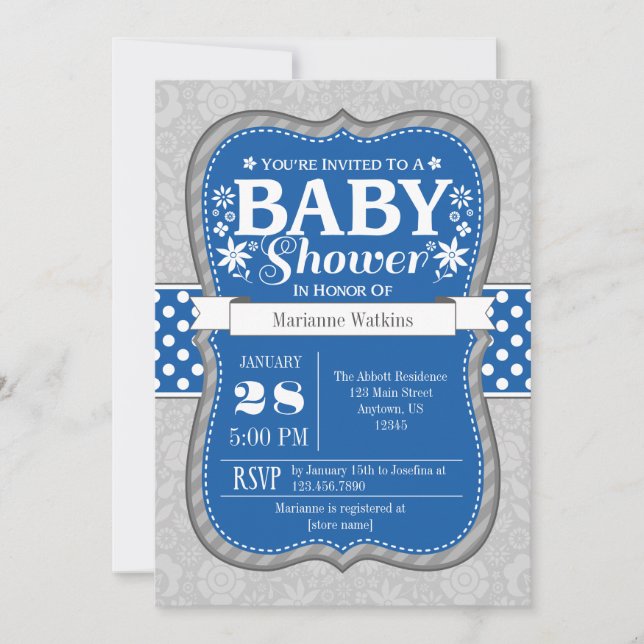 Invitation Baby shower Floral gris bleu (Devant)