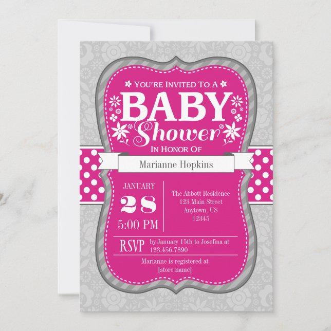 Invitation Baby shower Floral Gris Chaud (Devant)