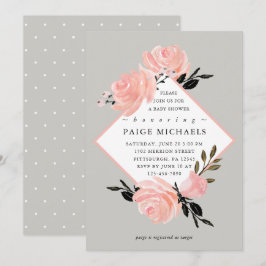 Invitation Baby shower floral gris doux et flou
