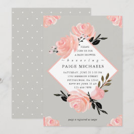 Invitation Baby shower floral gris doux et flou