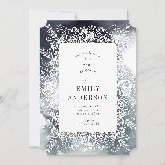 Invitation Baby shower floral gris en aquarelle (Devant)