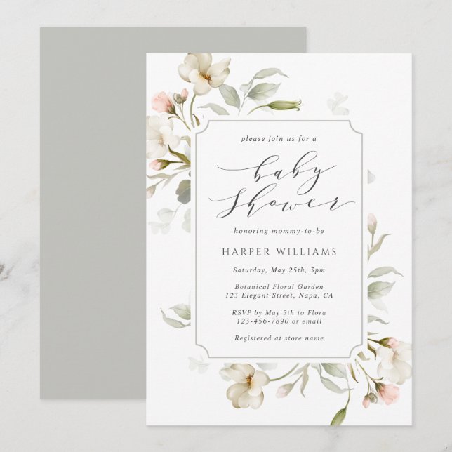 Invitation Baby shower floral gris gris gris gris blanc neutr (Devant / Derrière)