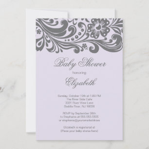 Invitation Baby shower floral gris-lavande moderne