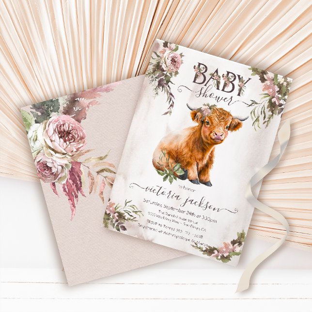 Invitation Baby shower Floral Highland Cow (Créateur téléchargé)