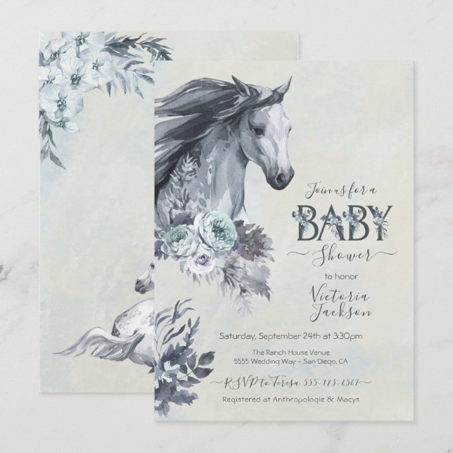 Invitation Baby shower Floral Horse Ranch (Devant / Derrière)