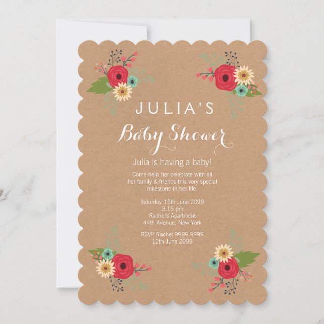 Invitation Baby shower floral Kraft moderne (Devant)