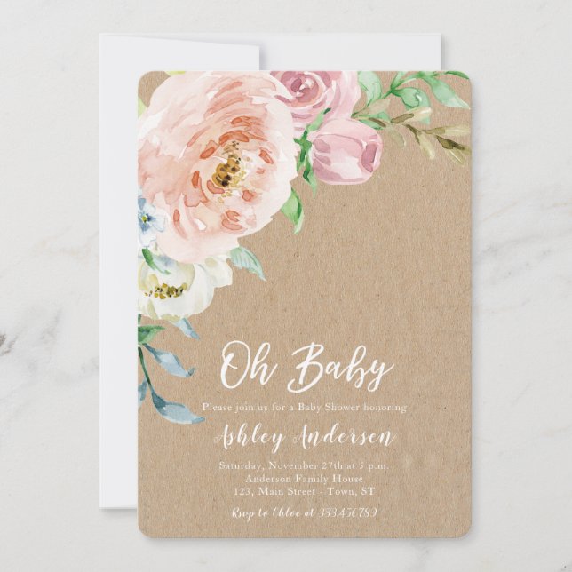 Invitation Baby shower floral kraft rustique (Devant)