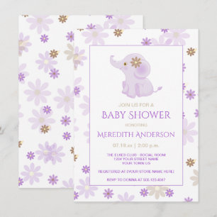 Invitation Baby shower floral Lavender Baby Elephant 