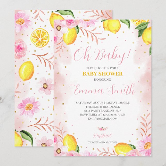 Invitation Baby shower Floral Lemonade (Devant / Derrière)