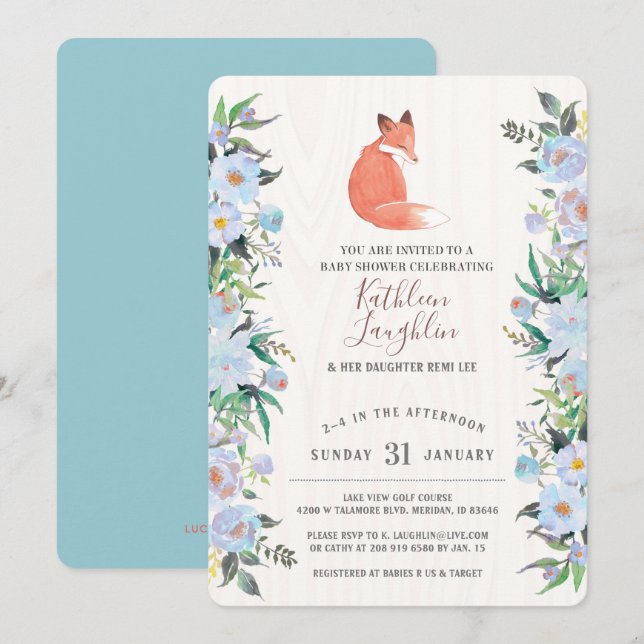 Invitation Baby shower Floral Little Red Fox Blue (Devant / Derrière)