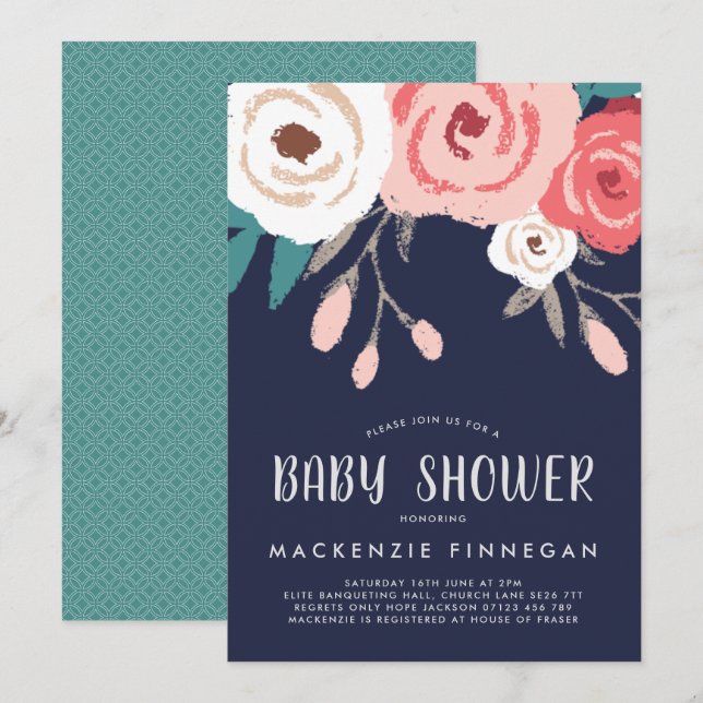 Invitation Baby shower floral Marine & Coral (Devant / Derrière)