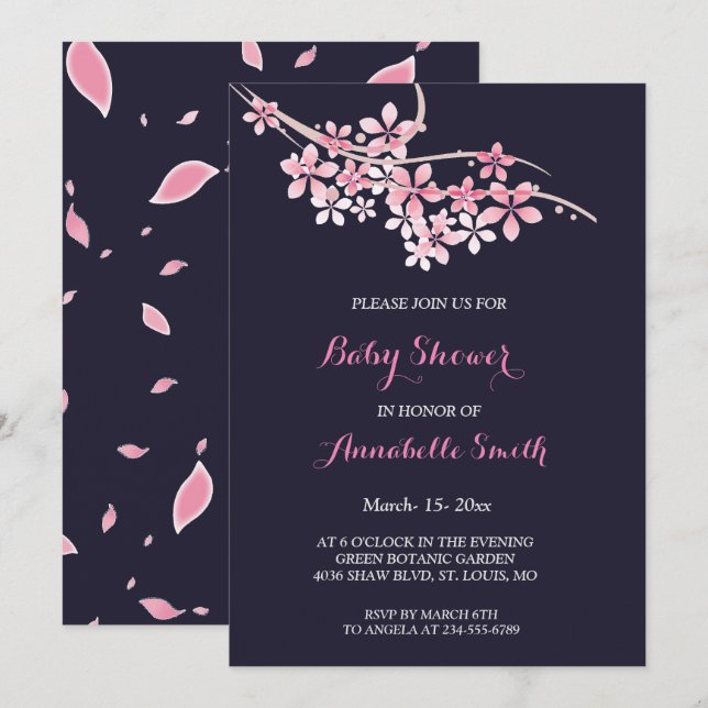 Invitation Baby shower floral marine rose cerise en fleurs (Devant / Derrière)