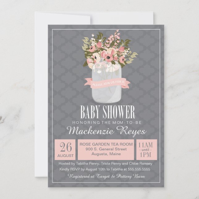 Invitation Baby shower Floral Mason Jar (Devant)