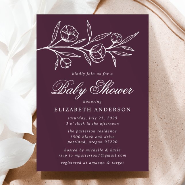 Invitation Baby shower floral mauve esquissé (Créateur téléchargé)