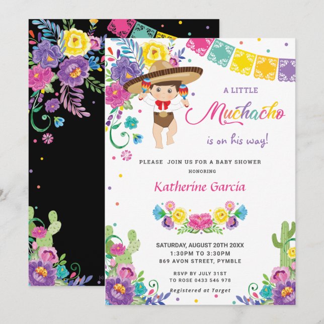 Invitation Baby shower Floral Mexicain Petit Muchacho Garçon  (Devant / Derrière)