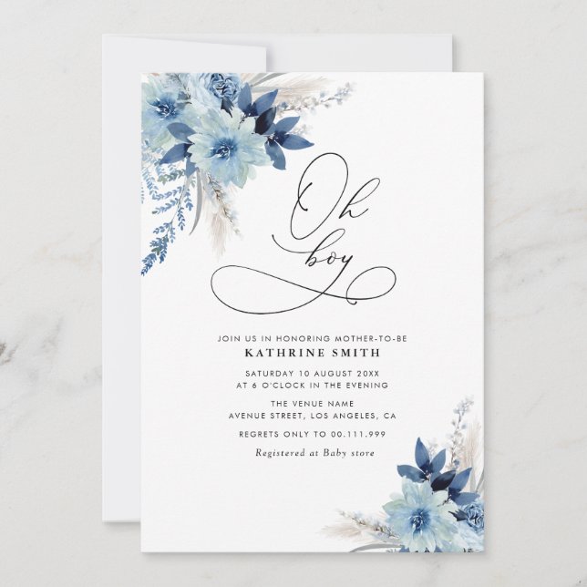 Invitation Baby shower floral moderne bleu pampa (Devant)