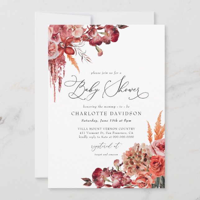 Invitation Baby shower floral moderne Blush Bourgogne Floral  (Devant)